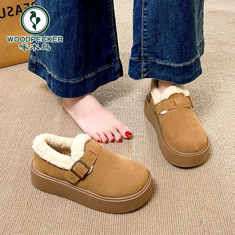 啄木鸟女春季加绒保暖雪地毛毛棉鞋一脚蹬厚底全包复古博肯豆豆鞋