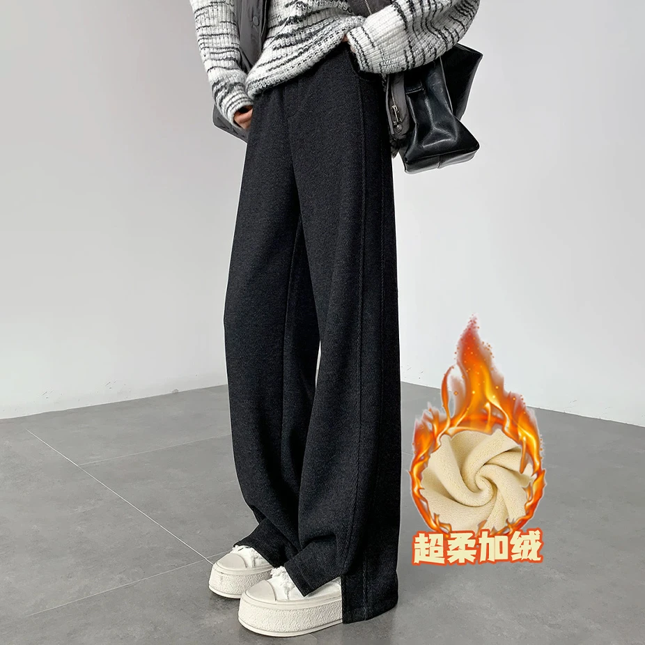 冬季2024新款加绒加厚开叉休闲阔腿裤女保暖人字纹显瘦高腰直筒裤