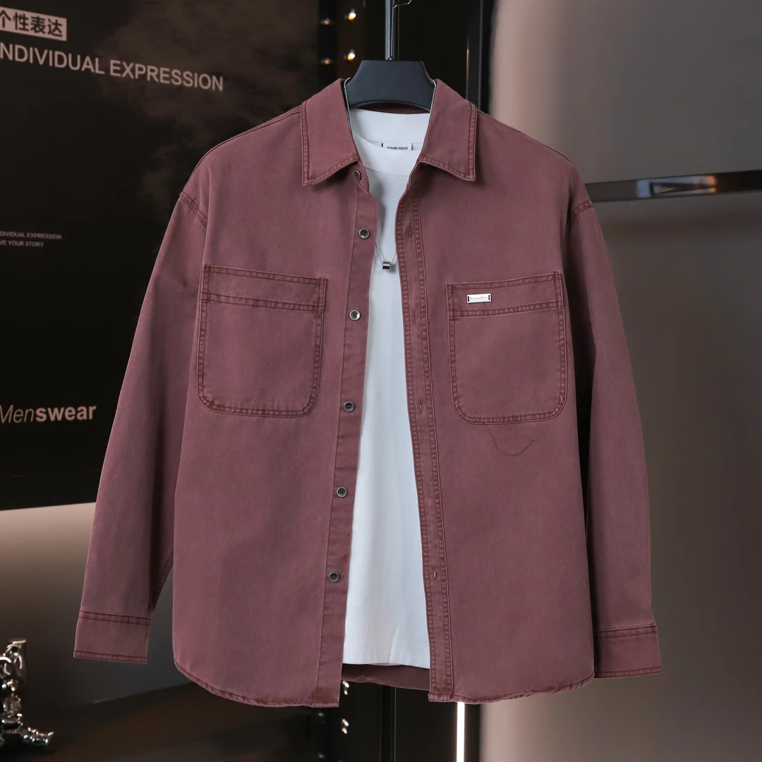 原创设计简约微宽松男士长袖衬衫秋季百搭个性纯色休闲牛仔外套