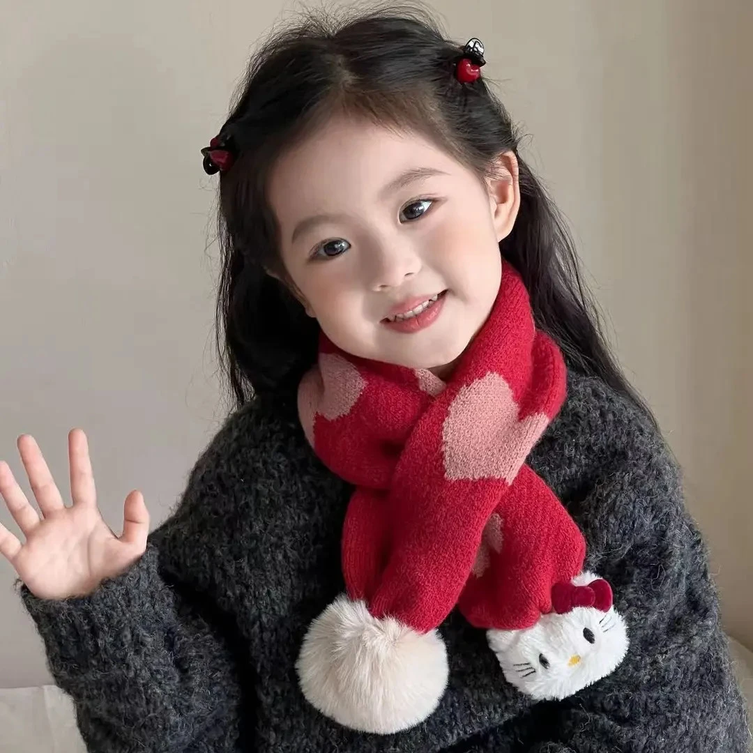 儿童红色喜庆针织洋气围巾秋冬保暖毛球可爱男女宝宝护颈交叉围脖