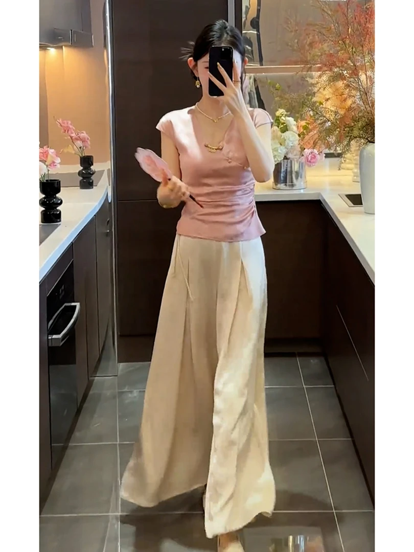 新中式国风穿搭女轻奢高级感巨好看大方得体粉色衬衫阔腿裤套装夏