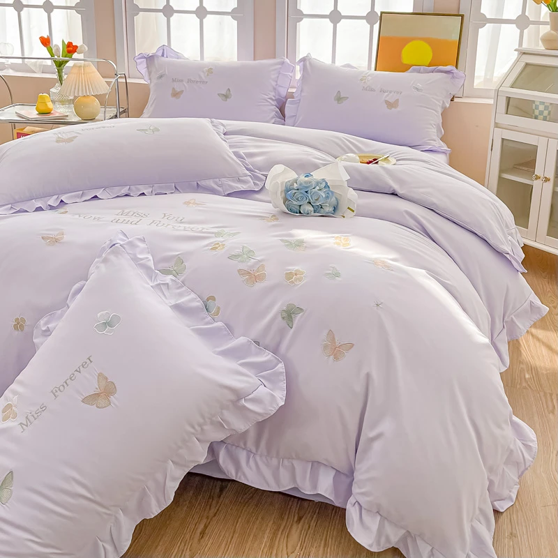 A类水洗棉刺绣夏被夏凉被空调被四件套425蝶羽紫色