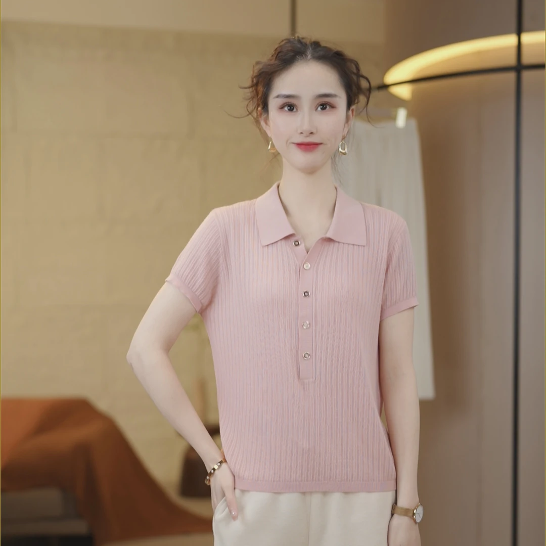 [桑蚕丝+天丝]夏季新款POLO领显瘦气质百搭短袖针织上衣女8695