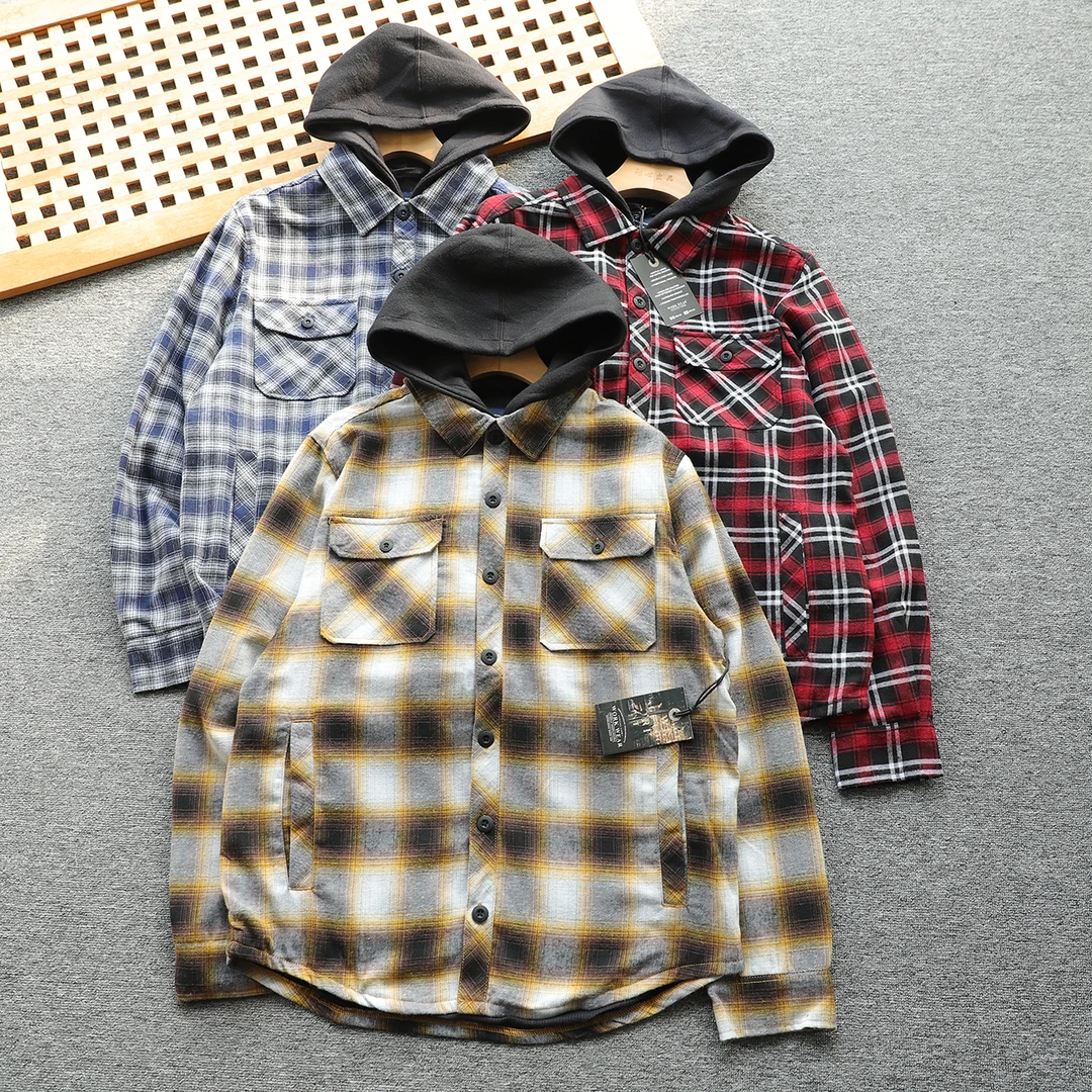 美单 偏大码 假两件法兰绒水洗磨毛连帽格子衬衫外套