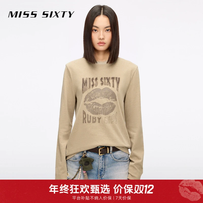 【搭搭专属】Miss Sixty2025秋季新款棉质长袖T恤女复古贴布绣唇印