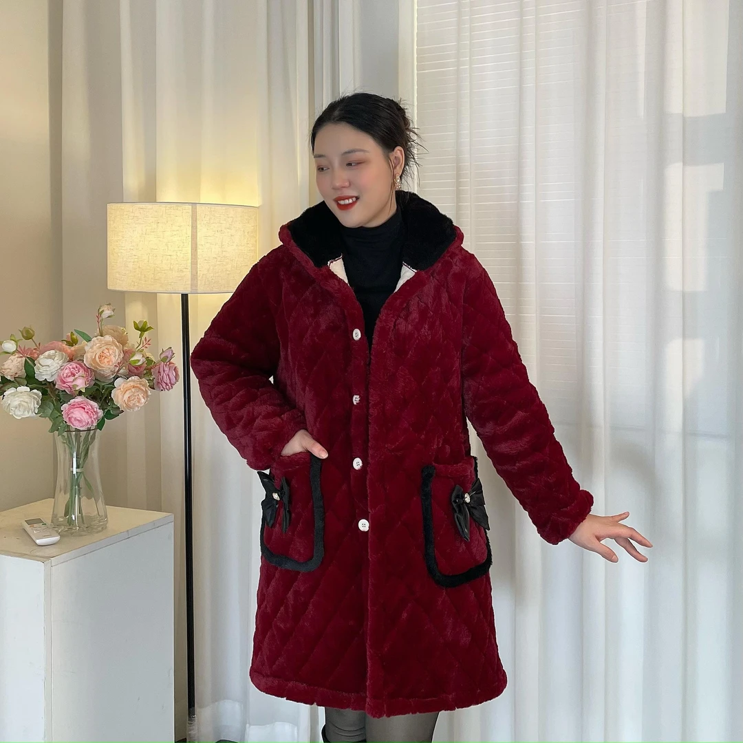 棉服棉衣中长款三层夹棉女保暖连帽加绒时尚睡衣冬季外套宽松