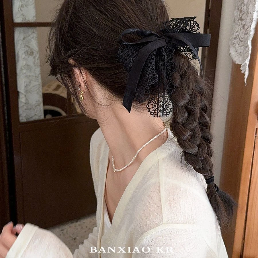 高级感黑色蕾丝蝴蝶结头绳发圈女2025新款扎头发皮筋头花头饰洋气