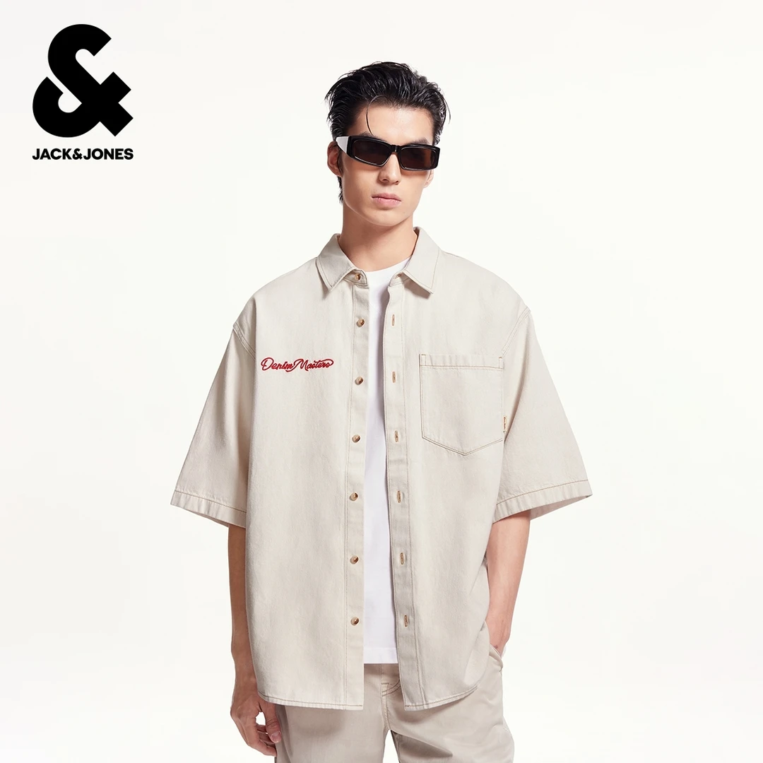 杰克琼斯男装秋季字母刺绣舒适百搭潮流时尚个性简约短袖衬衫上衣