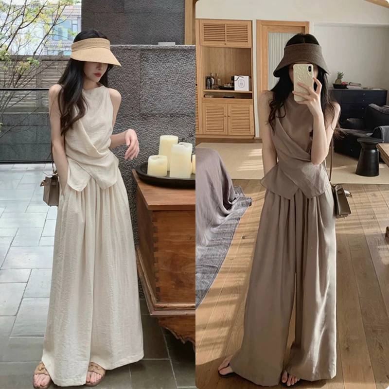 现货现货~原版现货~呼吸麻感背心绑带上衣女松紧腰休闲裙裤套装