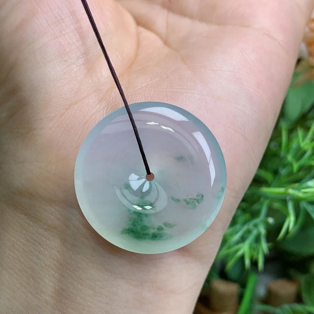 缅甸天然翡翠a货玉高冰起胶飘花饱满平安扣吊坠钟尺寸29.6/6.4mm