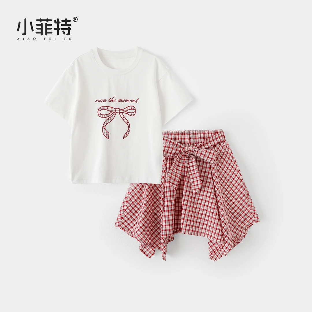 小菲特新款女童夏季套装韩版女宝短袖t恤格子裙子两件套BGTX51179