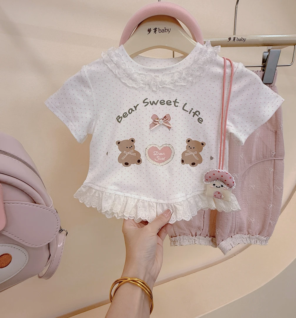 韩国童装~女童洋气套装夏季儿童女宝蕾丝短袖防蚊裤百搭两件套