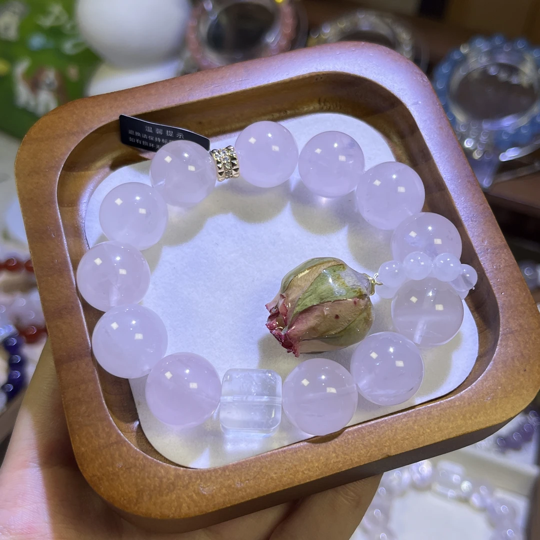 【桃夭】天然玫瑰石英水晶手串粉水晶搭配白水晶情侣闺蜜礼物