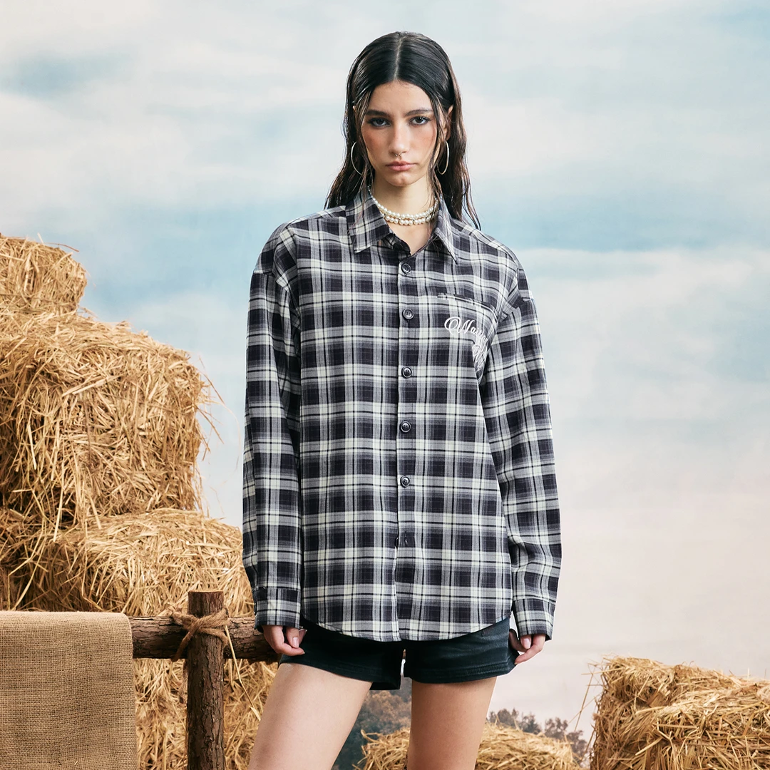 WAITINGWAVE美式复古格子长袖衬衫男女同款百搭街头直筒衬衣外套