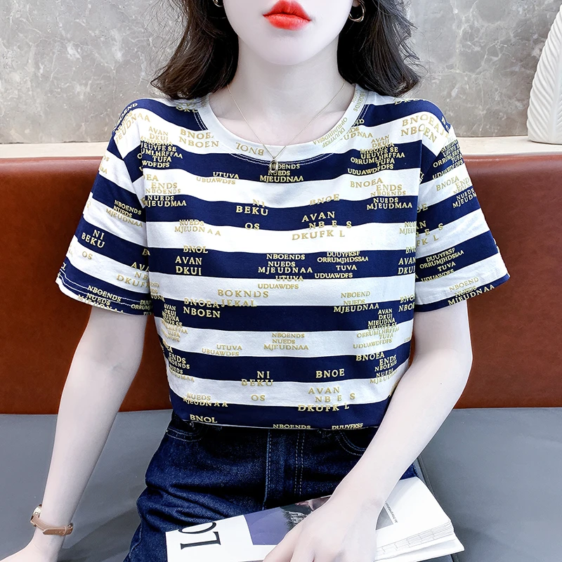 2025新款正肩条纹棉质短袖t恤女时尚洋气宽松休闲上衣打底衫夏季