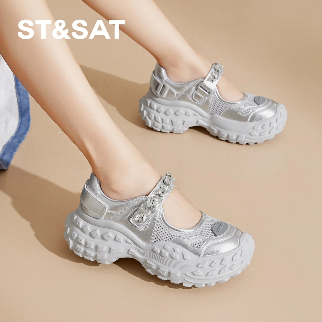 星期六网面水钻玛丽珍鞋厚底增高老爹鞋女2025夏季新款轮胎底女鞋