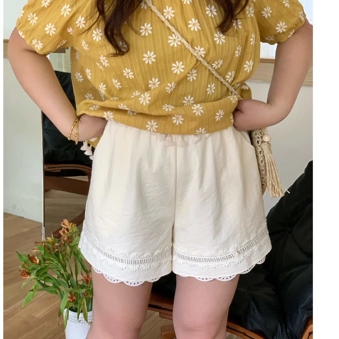 【花房少女】大头婷丫丫微胖夏季短裤高腰松紧镂空花边阔腿裤