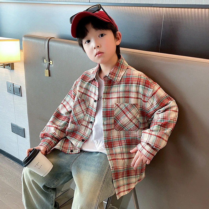 儿童装男童春装格子衬衫2025新款中大童春秋款男孩长袖春季衬衣潮