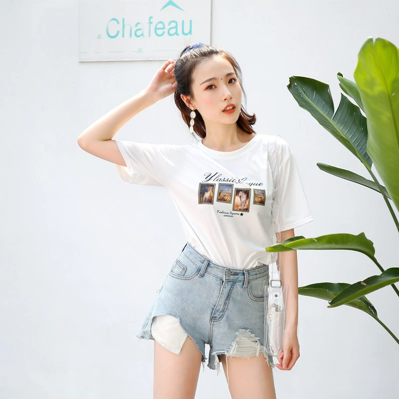 圆领印花休闲短袖T恤女款夏季 韩版百搭体恤衫女学生宽松衣服