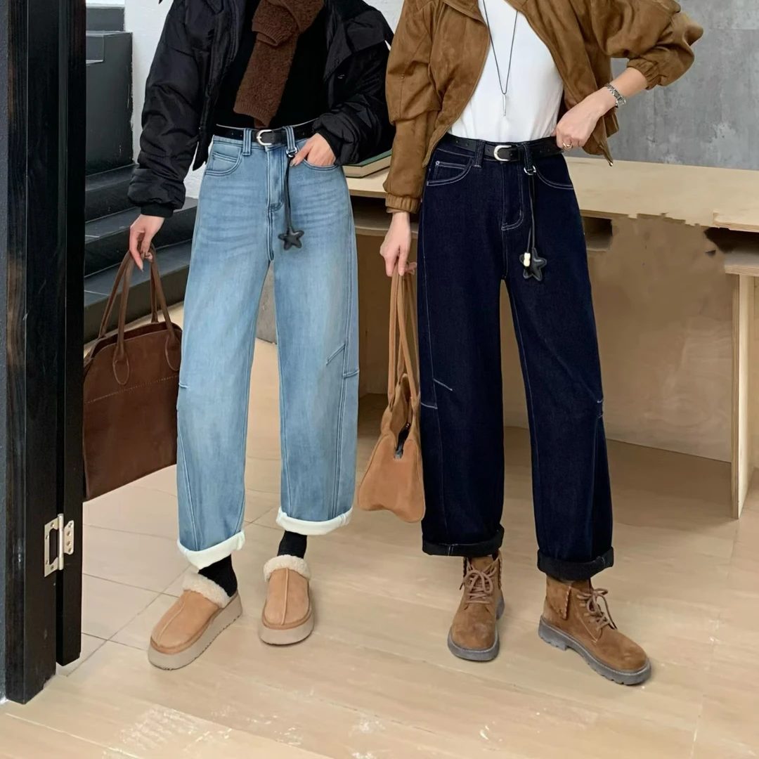 艾香迪冬加绒加厚高腰小弯刀阔腿牛仔裤女宽松显瘦修饰腿型