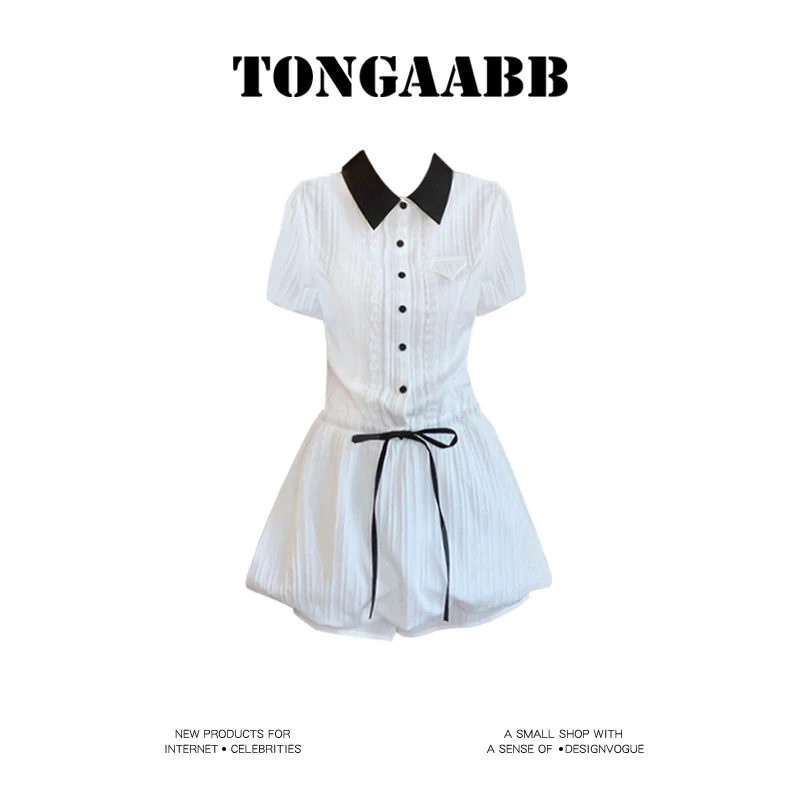 TONGAABB白色衬衫洋装女夏季气质收腰显瘦小个子学院风套装短裙