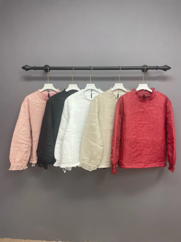 新款苎麻双层文艺复古木耳花边纯色夹棉衬衫宽松经典百搭上衣-242