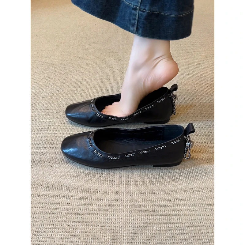nnmiss·34-39/1cm小众设计感圆头链条浅口百搭复古风平底时尚单鞋
