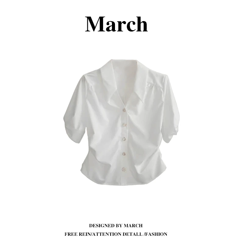 气质法式V领衬衫女夏季大码微胖褶皱显瘦衬衣时尚短袖小衫-5380