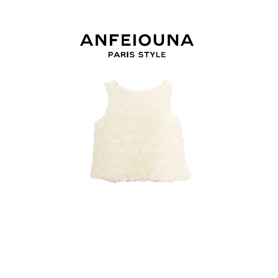 2025新款法式立体花朵短款无袖衬衫女甜辣蕾丝上衣女3471