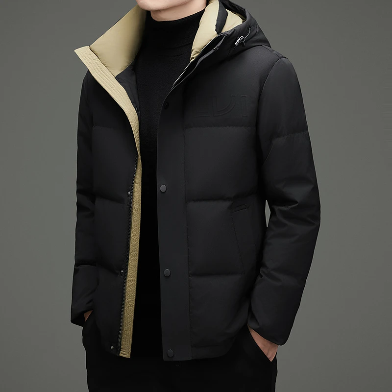 冬季韩版时尚撞色保暖90鸭绒面包服男士潮流百搭连帽羽绒服外套男