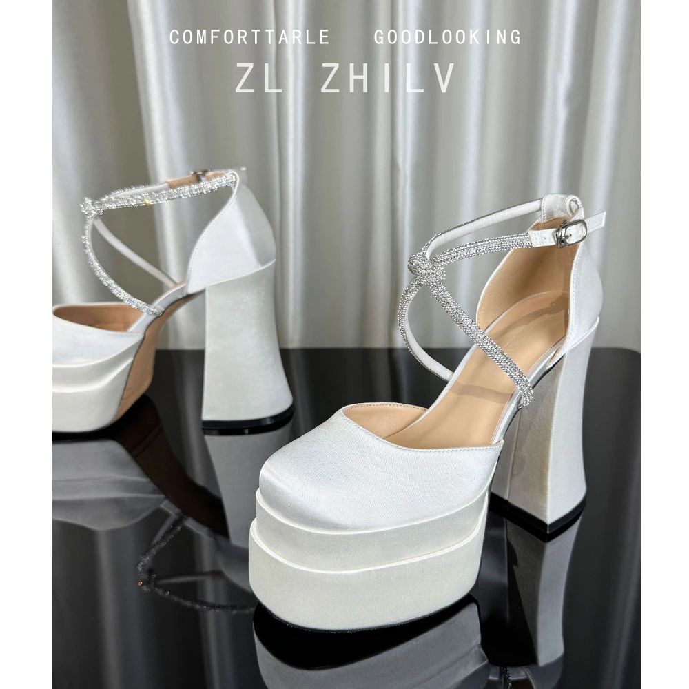 芝侣2025新款交叉绑带高跟鞋防水台浅口水钻粗跟凉鞋女单鞋圆头