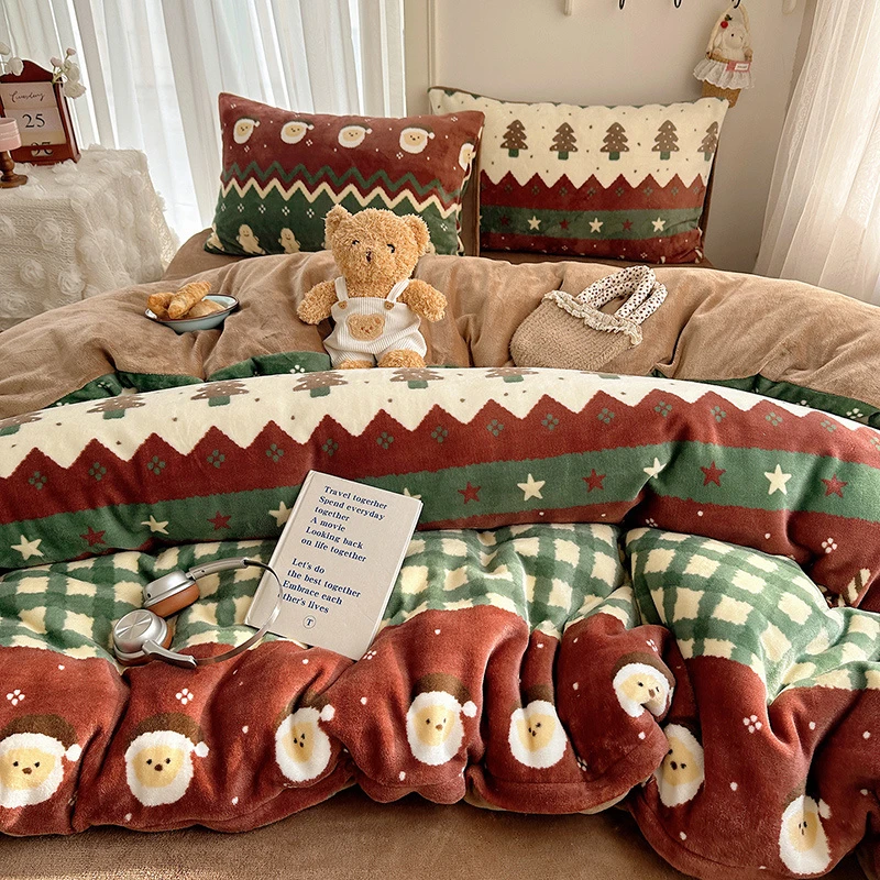 冬季【圣诞限定】ins牛奶绒加厚四件套氛围感费尔岛风牛奶绒床品