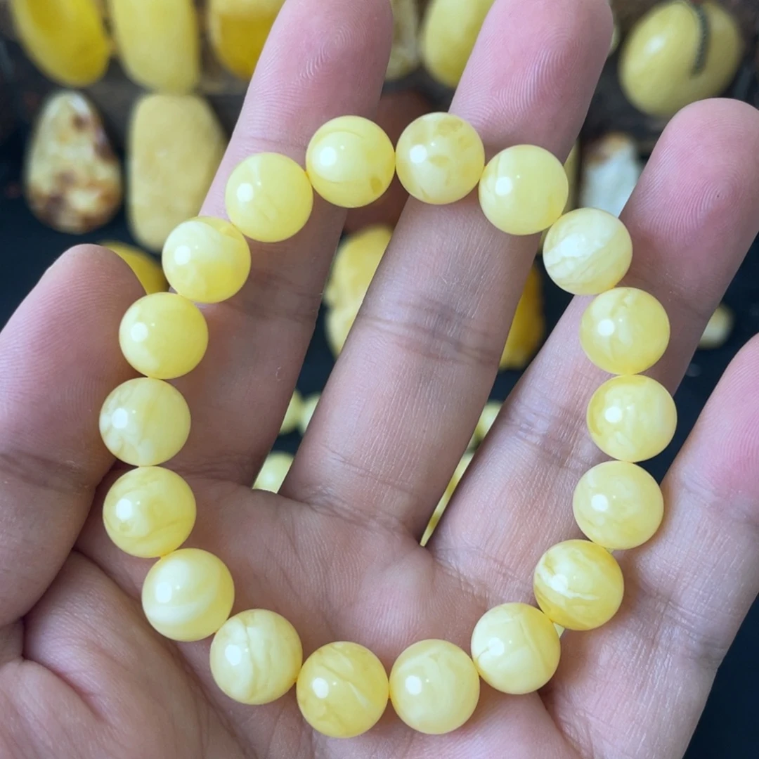 琥珀未镶嵌手串10+俄料黄白花蜡圆珠手串