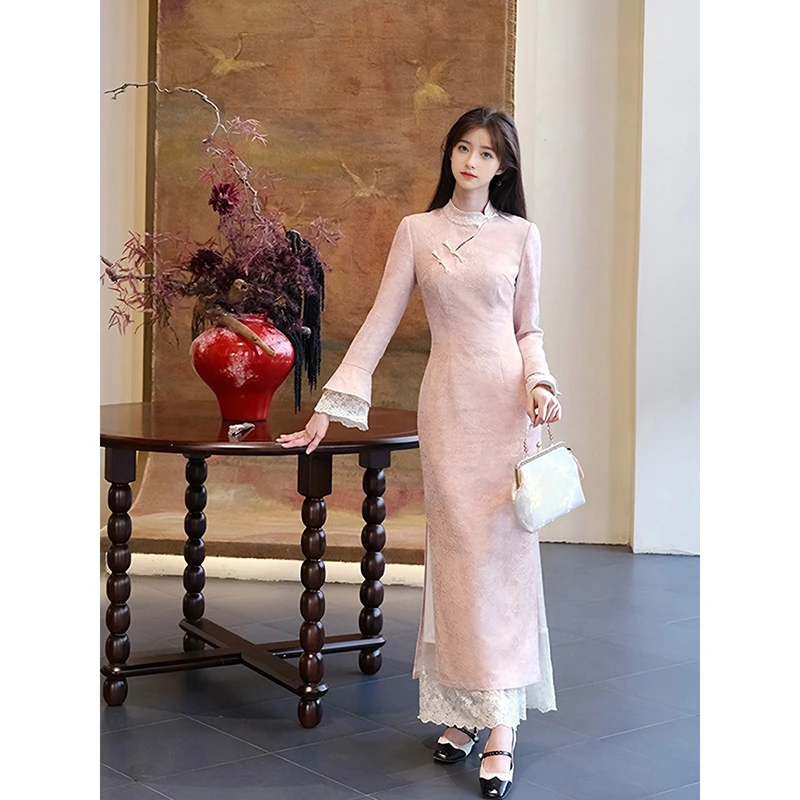 【粉花香】新中式粉色提花改良旗袍女2025春季新款蕾丝拼接连衣裙