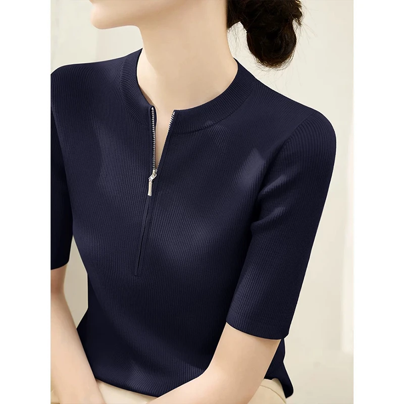 Moses Queen/魔西女王大码女夏季半开拉链设计针织衫显瘦短袖T恤