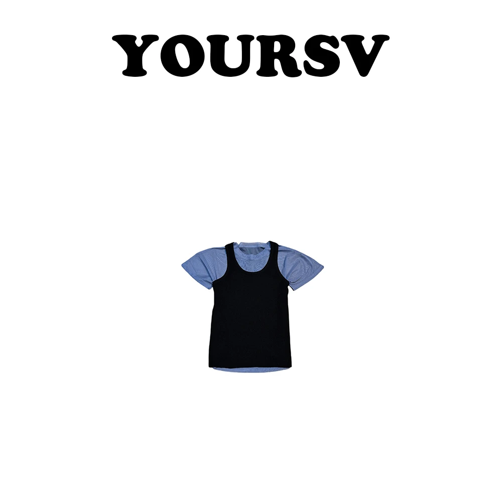【YOURSV】「沁水蓝」夏季时尚真两件套短袖设计师纱网撞色叠穿T恤女