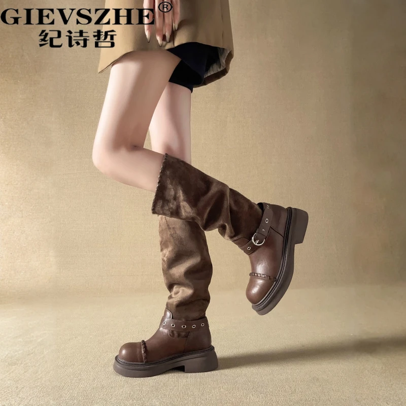 纪诗哲女靴真皮时装靴女秋冬新款显瘦厚底增高时尚西部牛仔复古靴