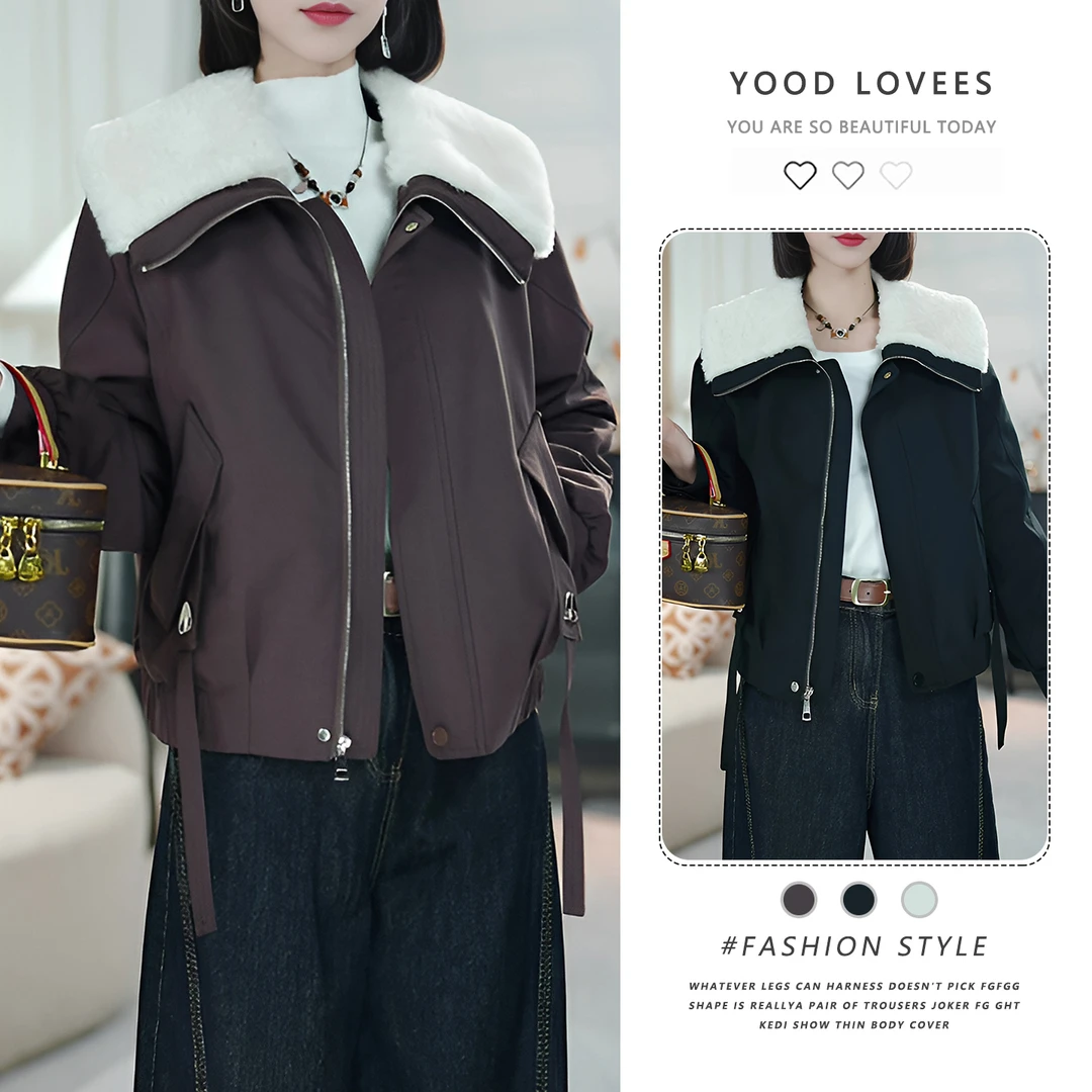 毛毛领2025女新款纯简小个子加厚外套保暖时尚短款加绒外套冬季