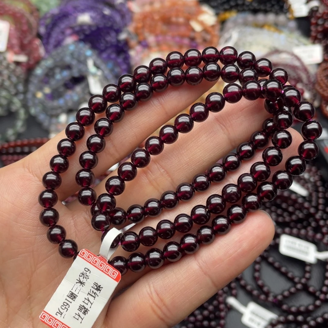 未镶嵌手链石榴石6毫米三圈老矿酒红石榴石手链