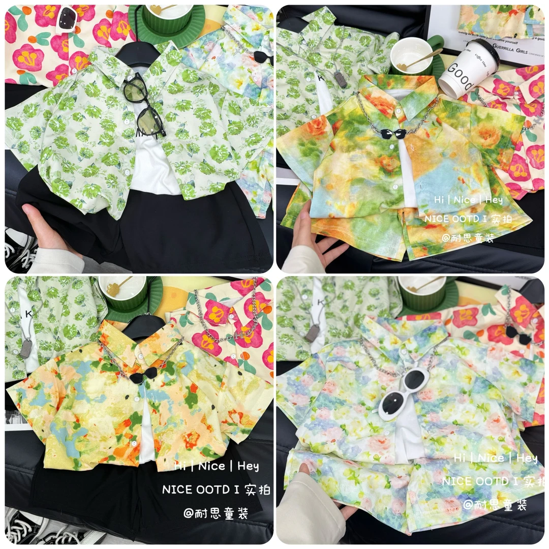 【清凉一夏】夏季儿童宽松短袖衬衫套装韩版印花凉爽冰丝套装度假