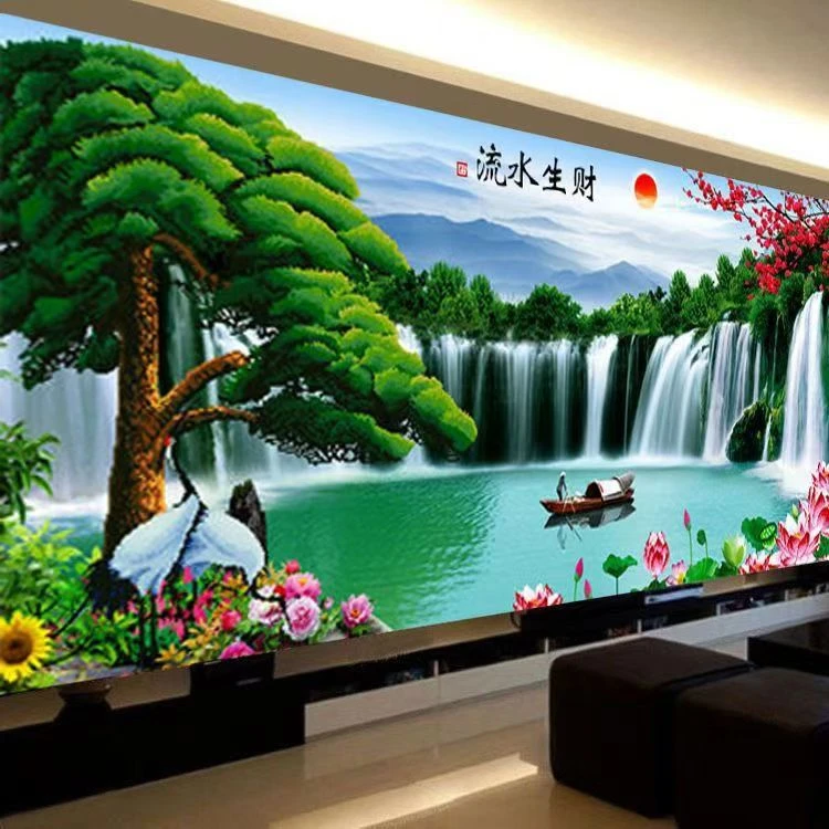 25年新款流水生财自粘画贴画精品迎客松客厅山水画风景床头装饰画