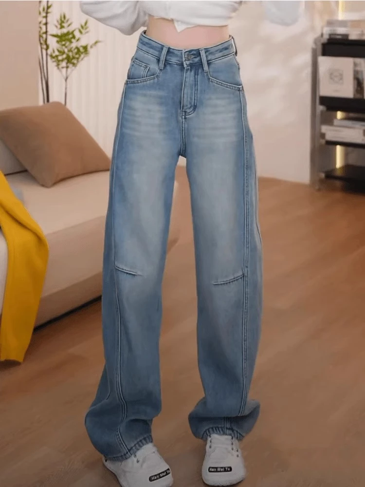 春季牛仔裤女2025年新款早春做旧高腰直筒弯刀裤宽松阔腿裤子