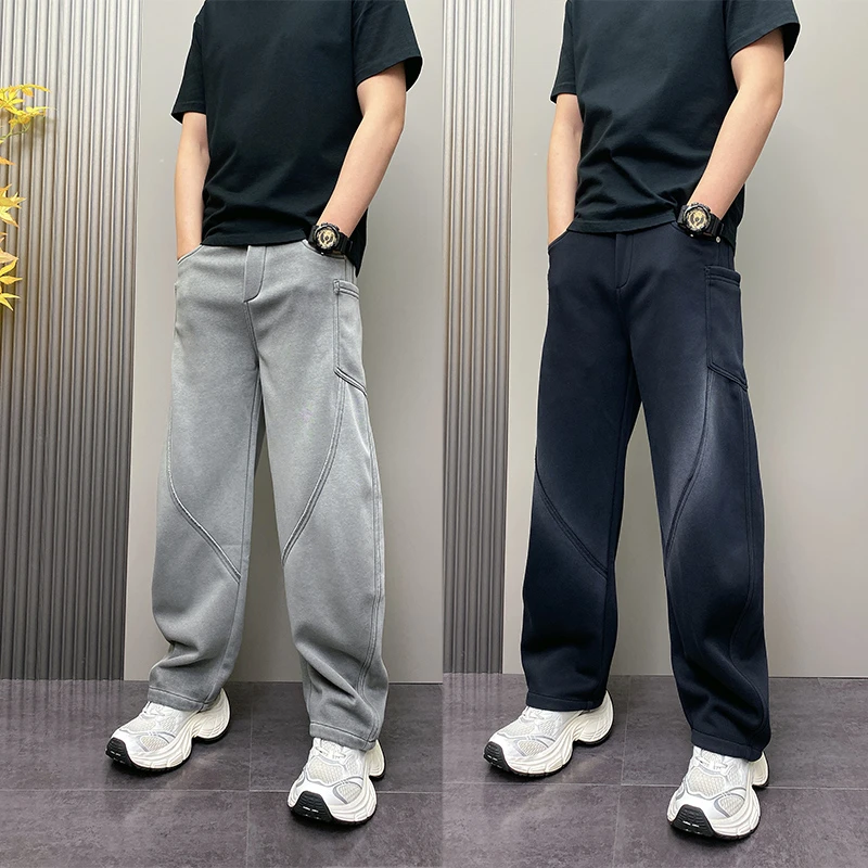 2025冬季加绒美式休闲直筒裤男士宽松灰色长裤运动通勤风弯刀卫裤
