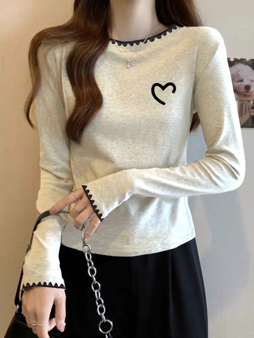 韩系撞色圆领长袖t恤女2025秋季新款胖mm大码设计感显瘦打底上衣
