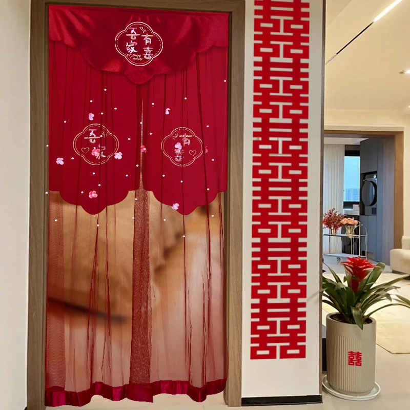 婚房卧室装饰免打孔喜字门帘结婚布置房间门红色喜帘婚庆用品大全