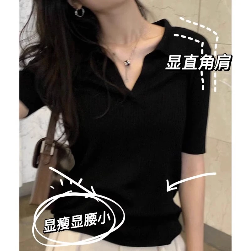 黑色POLO领短袖T恤女夏季薄款设计感小众v领别致上衣正肩半袖体恤