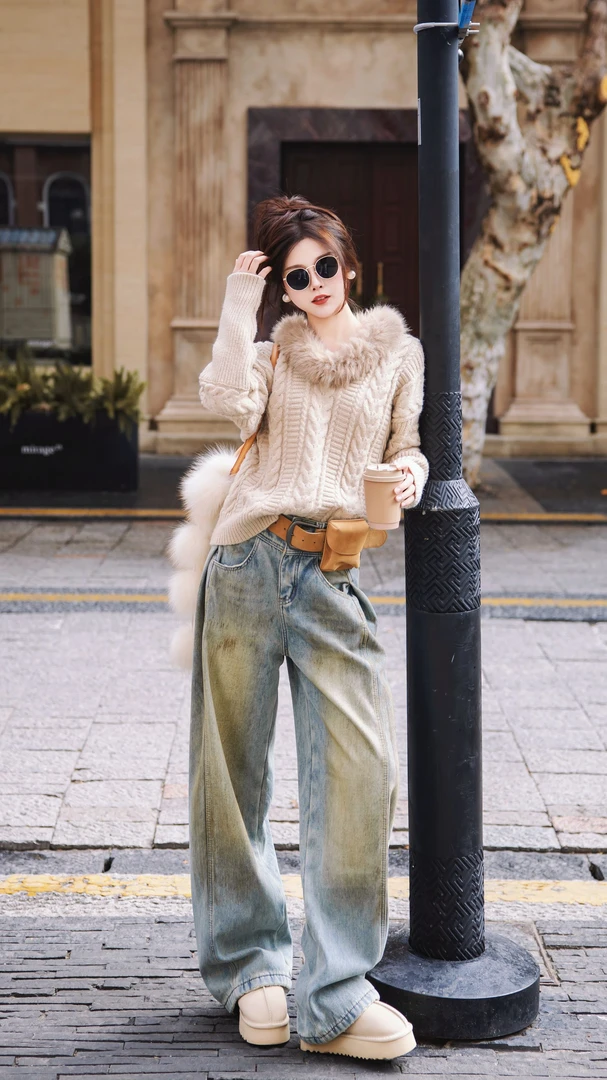 SISTER姐妹家V领毛领松弛感宽松显瘦针织毛衣加绒加厚抹脏牛仔裤