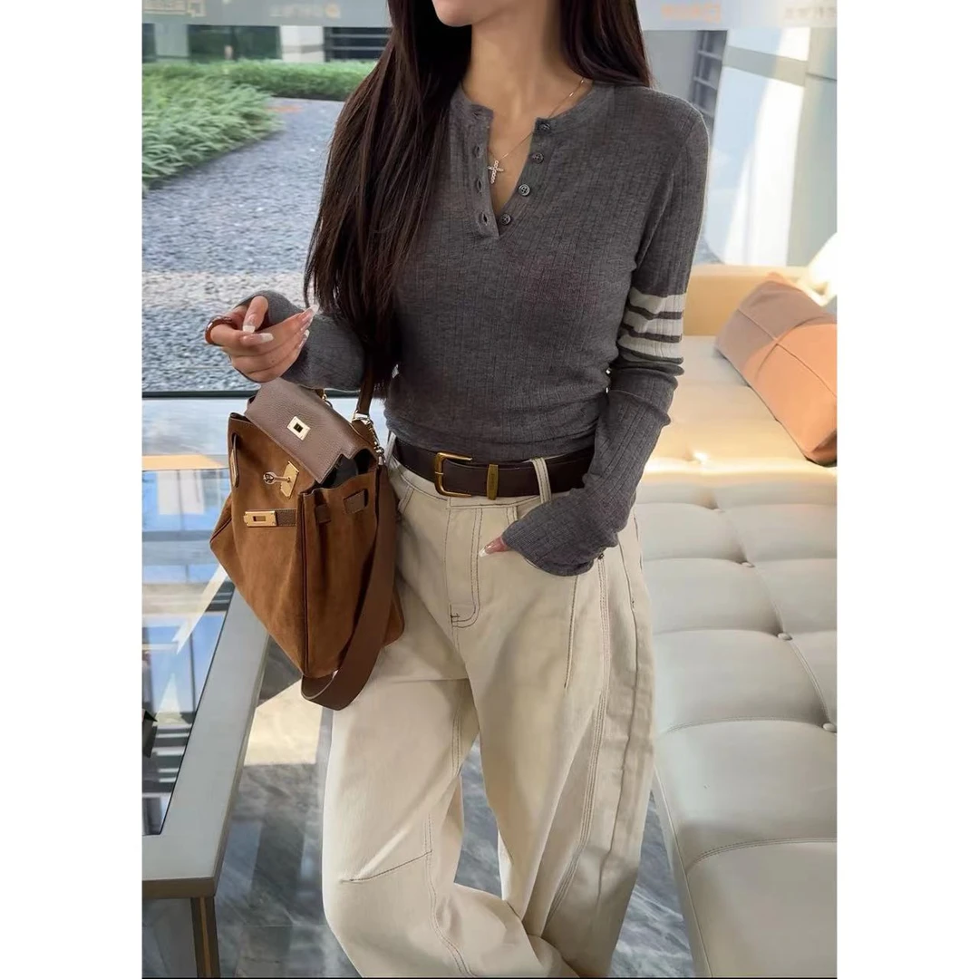 【大米和小鹿】25春季新款减龄四道杠拼色圆领修身显瘦长袖T恤S8767