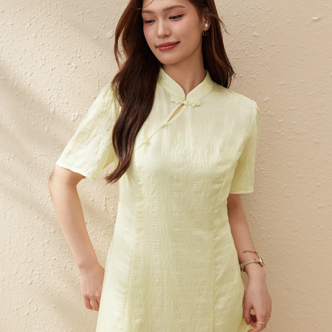 【流影凝烟】纤莉秀W大码女装新中式莱赛尔混纺盘扣连衣裙QK2303