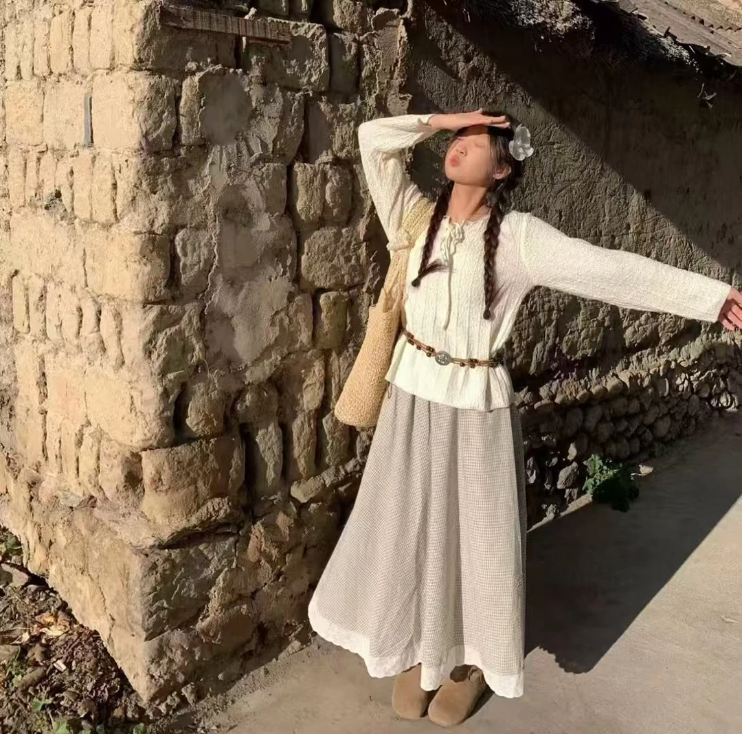 文艺穿搭颗粒感系带上衣花边半身裙两件套春季新款韩系穿搭套装